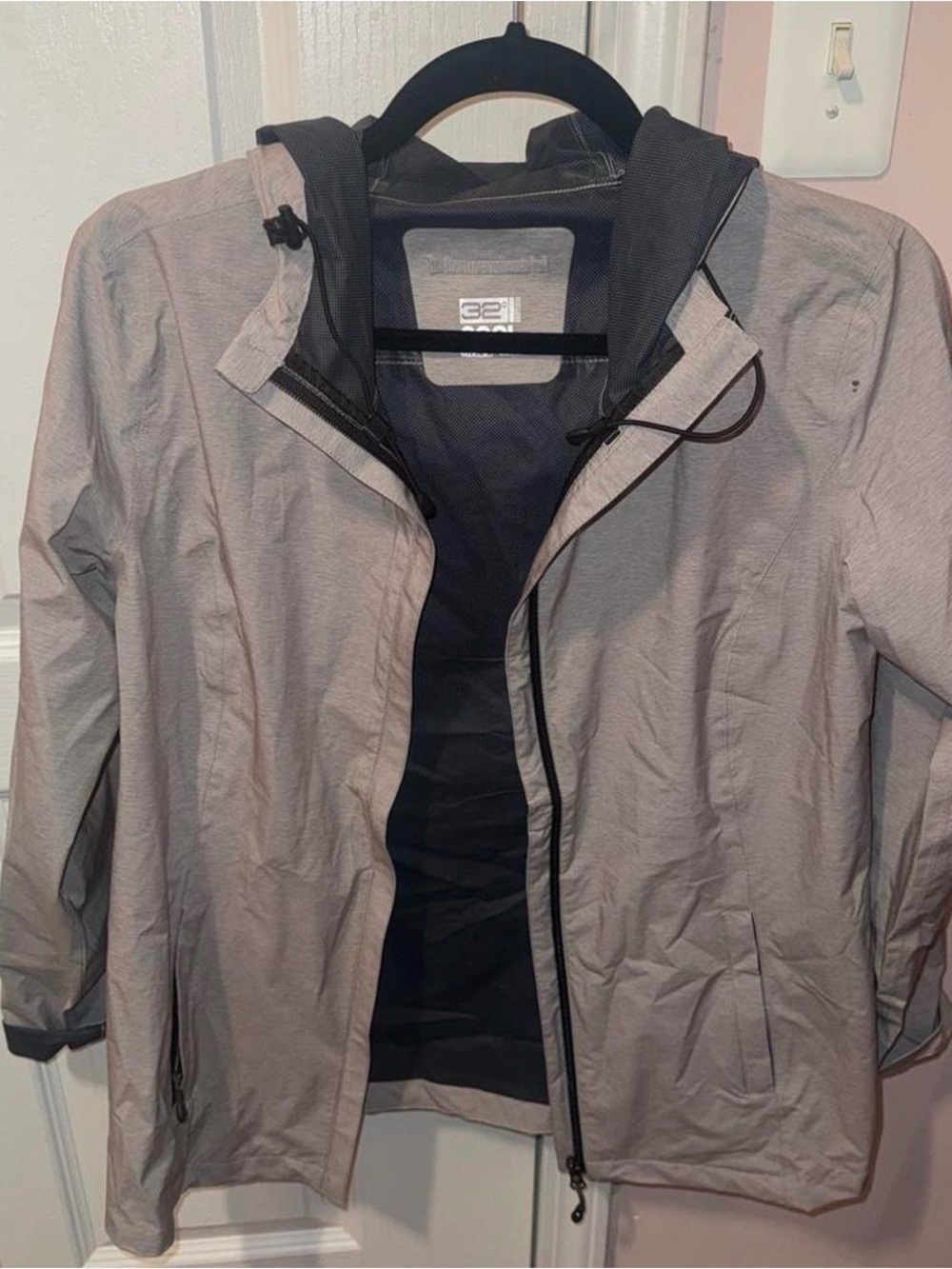 Light Grey Hooded Rain Jacket with Black Lining